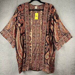 Raj Womens One Size Brown Multicolor Paisley Print Floral Open Front Kimono NWT